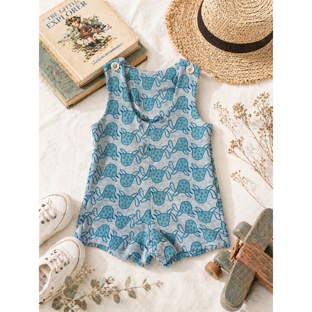 Vintage Health-tex Stantogs Blue Turtle Print Knit Romper Overalls 18 Months USA